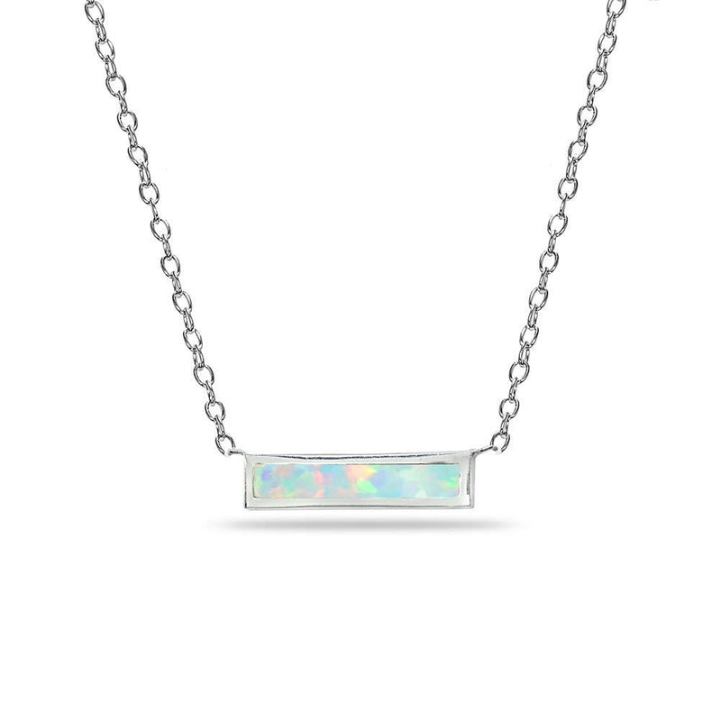 [Australia] - Sterling Silver Polished Inlay Minimalist Dainty Thin Horizontal Bar Necklace for Women Girls, Choice of 3 Synthetic White Opal 