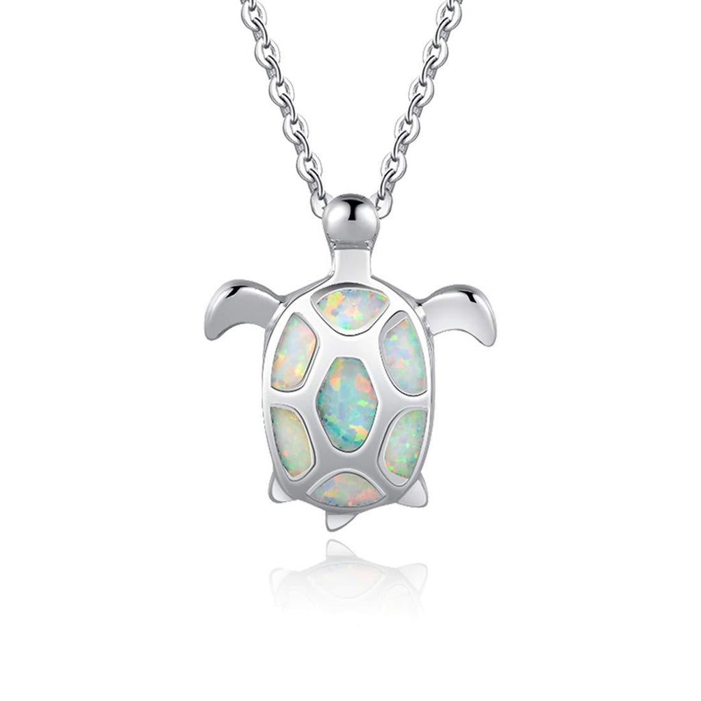 [Australia] - FANCIME October Birthstone 925 Sterling Silver Sea Turtle Necklace/Stud Earrings Created Blue/White Fire Opal Pendant Fine Jewelry for Women White Turtle Necklace 