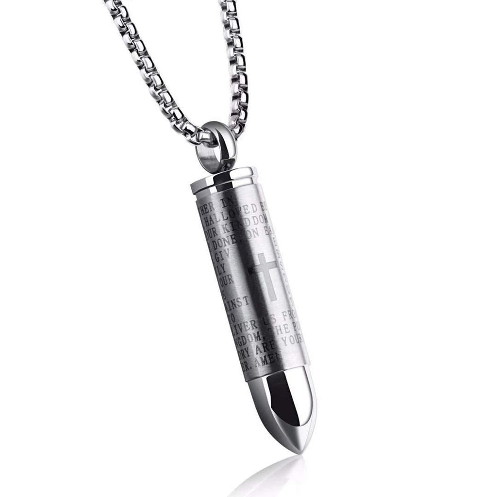[Australia] - Norya Bullet Cremation Jewelry Urn Necklace for Ashes Stainless Steel Memorial Cross Bible Lord Prayer Urn Pendant (Gold Plated) Silver Tone 