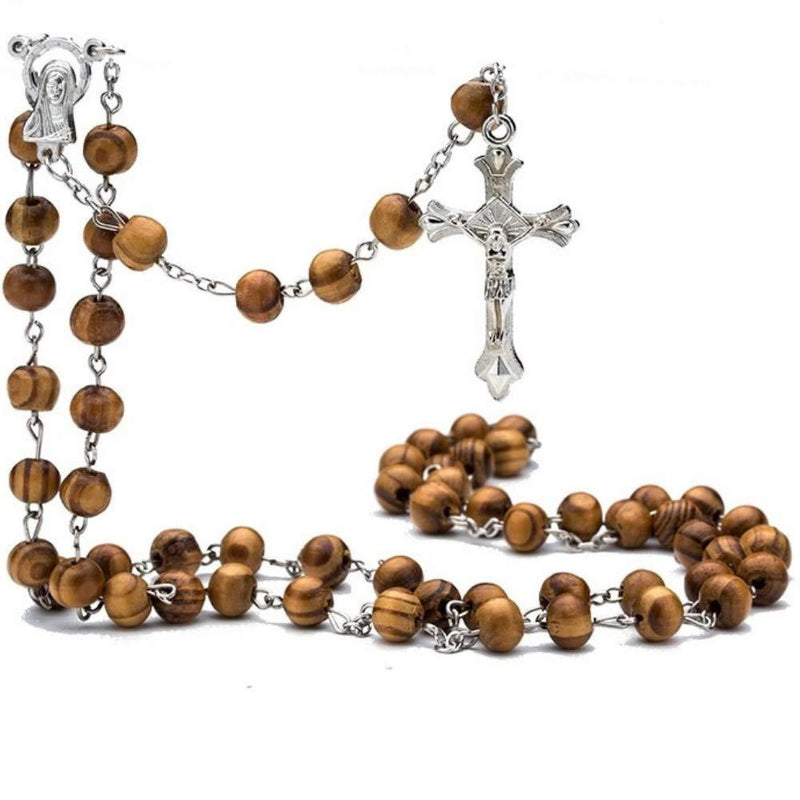 [Australia] - Soul Statement Confirmation Gifts for Girls: Wood Bead Rosary Necklace Silver Cross Virgin Mary Y Necklace Light Brown Wood 