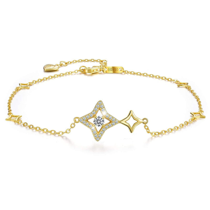 [Australia] - Esberry ✦Gifts for Christmas✦ 18K Gold Plated 925 Sterling Silver 5A Cubic Zirconia CZ Double Circle/Lucky Star Ankle Bracelets Charm Adjustable Foot Jewelry for Women and Teen Girls Star Gold 