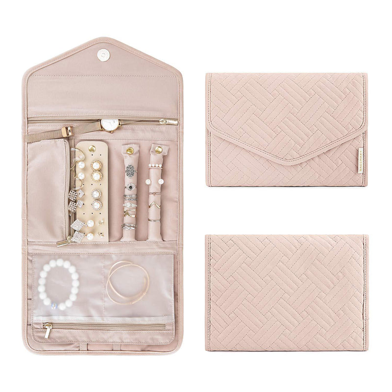 [Australia] - BAGSMART Travel Jewelry Organizer Roll Foldable Jewelry Case for Journey-Rings, Necklaces, Bracelets, Earrings, Soft Pink Small 