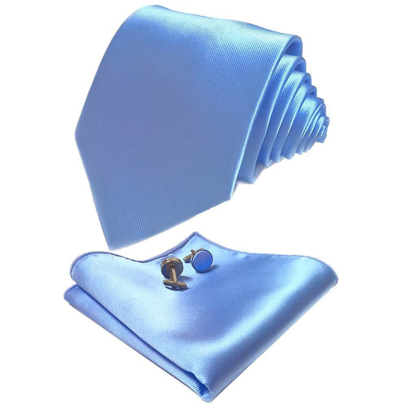 [Australia] - CANGRON Men Colors Options Solid Tie Set Necktie with Tie Pocket Square Cufflinks Giftbox LSC8ZH Sky Blue 