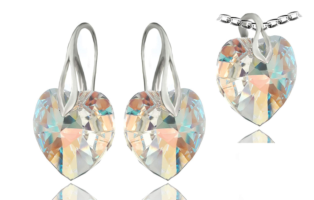 [Australia] - Royal Crystals Sterling Silver 925 Heart-Shaped Love Heart Drop Dangling Earrings made with Blue Aurora Borealis Swarovski Crystals, 18 inches necklace earrings set 