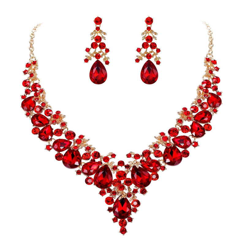 [Australia] - EVER FAITH Women's Crystal Elegant Bridal Floral Cluster Teardrop Statement Necklace Earrings Set Red Gold-Tone 