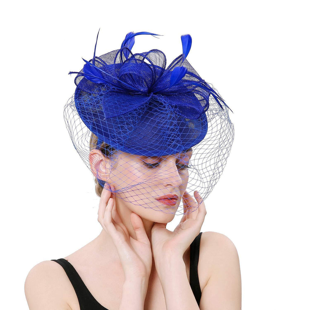 [Australia] - Hilary Ella Flax Net Face Veil Feather Fascinator for Women Cocktail Tea Party Derby Wedding Fascinators Hat Deep Blue 