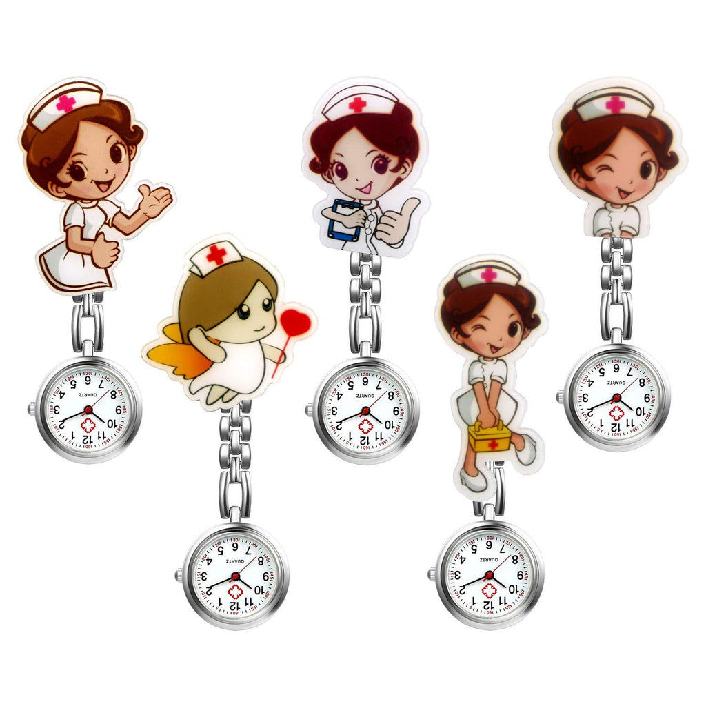 [Australia] - Women Ladies Nurse Watch Cute Cartoon Clip-on Lapel Hanging Pendant Doctor Clinic Staff Tunic Stethoscope Badge Quartz Fob Watch pack of 5 