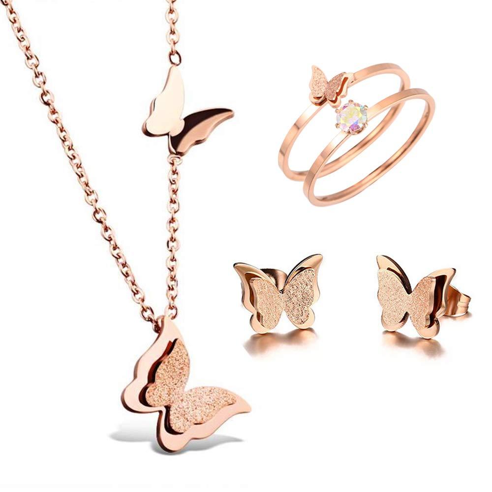 [Australia] - 18k Rose Gold Butterfly Stud Earrings Necklace Ring Set for Women Size 9 