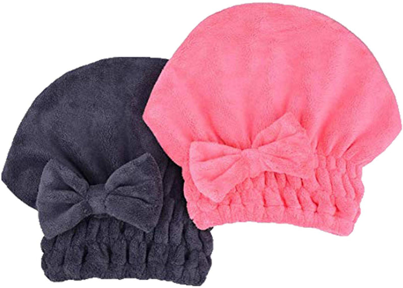 [Australia] - MAYOUTH Microfiber Hair Drying Towels Head wrap with Bow-Knot Shower Cap Hair Turban hairWrap Bath Cap for Curly Long & Wet Hair Gift for Women 2pack 1darkgrey+rose Red 