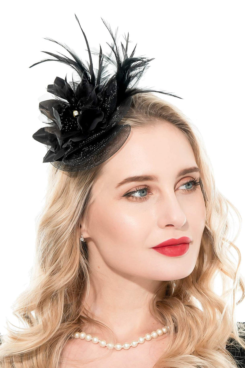 [Australia] - Fascinators Headband for Women Tea Party Hat Kentucky Derby Wedding Flower Mesh Feathers Hair Clip 10-black 