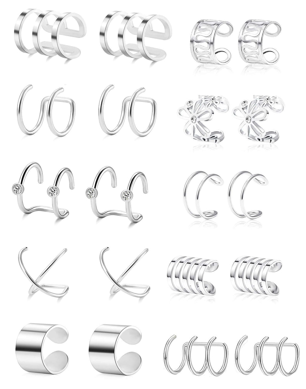 [Australia] - Tornito 4-10 Pairs Stainless Steel Ear Cuff Helix Cartilage Clip On Wrap Earrings Fake Nose Ring Non-Piercing Adjustable A0:10 Pairs, Silver 