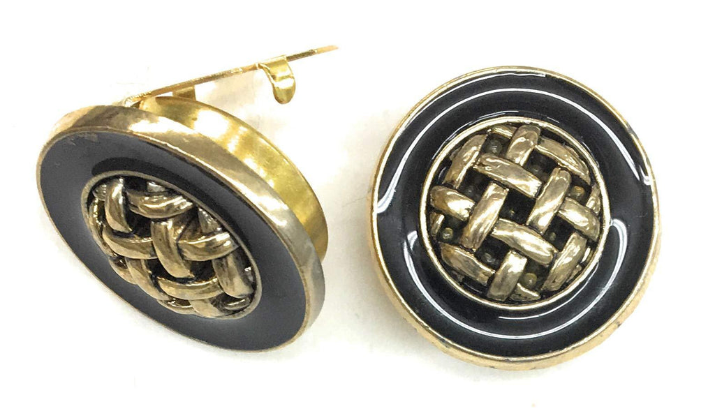 [Australia] - Button Covers Cufflink Plated Gold Black Epoxy center Gold Weave •Button Clips -1 Pair - Alternative to Cufflinks For Regular Shirts 