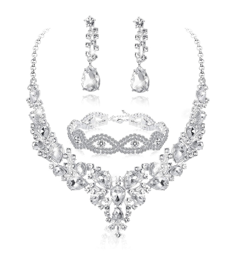 [Australia] - Fiasaso Crystal Bridal Jewelry Set for Women Rhinestone Necklace Earrings Bracelet Wedding Bridesmaid A:3pcs-Silver Tone 
