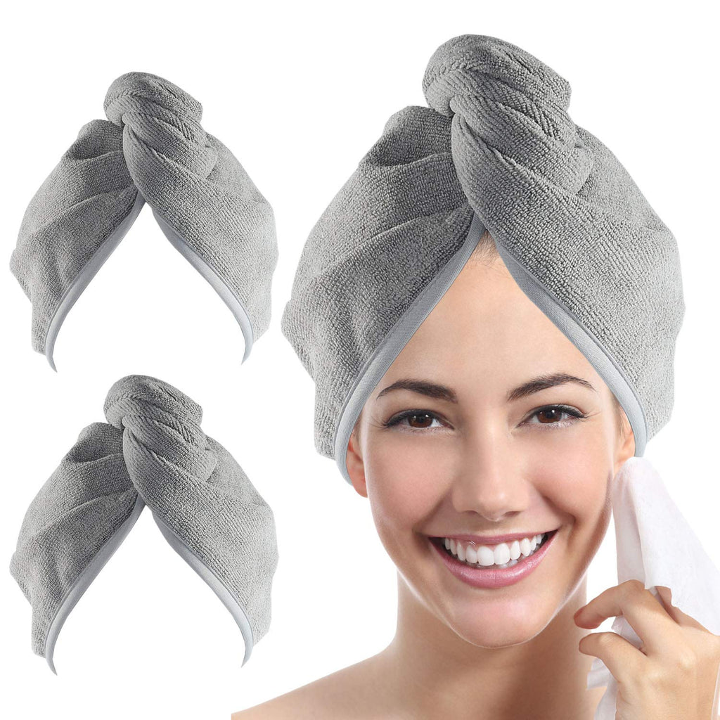 [Australia] - YoulerTex Microfiber Hair Towel Wrap for Women, 2 Pack 10 inch X 26 inch, Super Absorbent Quick Dry Hair Turban for Drying Curly, Long & Thick Hair(Gray) Gray 