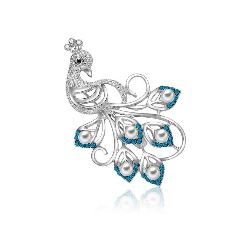 [Australia] - MIXIA Luxury Peacock Pearl Brooches Elegant Blue Crystal Animal Brooches Silver Enamel Pin Brooches for Women (Silver) 