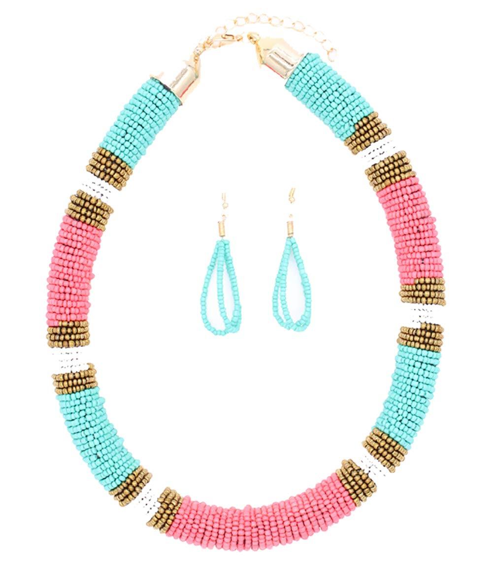 [Australia] - HENGYID African Necklace, Zulu Necklace, Maasai Beaded Necklace with Matching Earrings, Bead Necklace PINK AND GREEN MULTI 