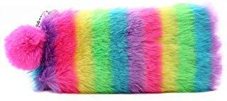 [Australia] - Marchome Fuzzy Faux Fur Holographic Leather Pencil Holder Small Comestic Bag with Pompon Rainbow 