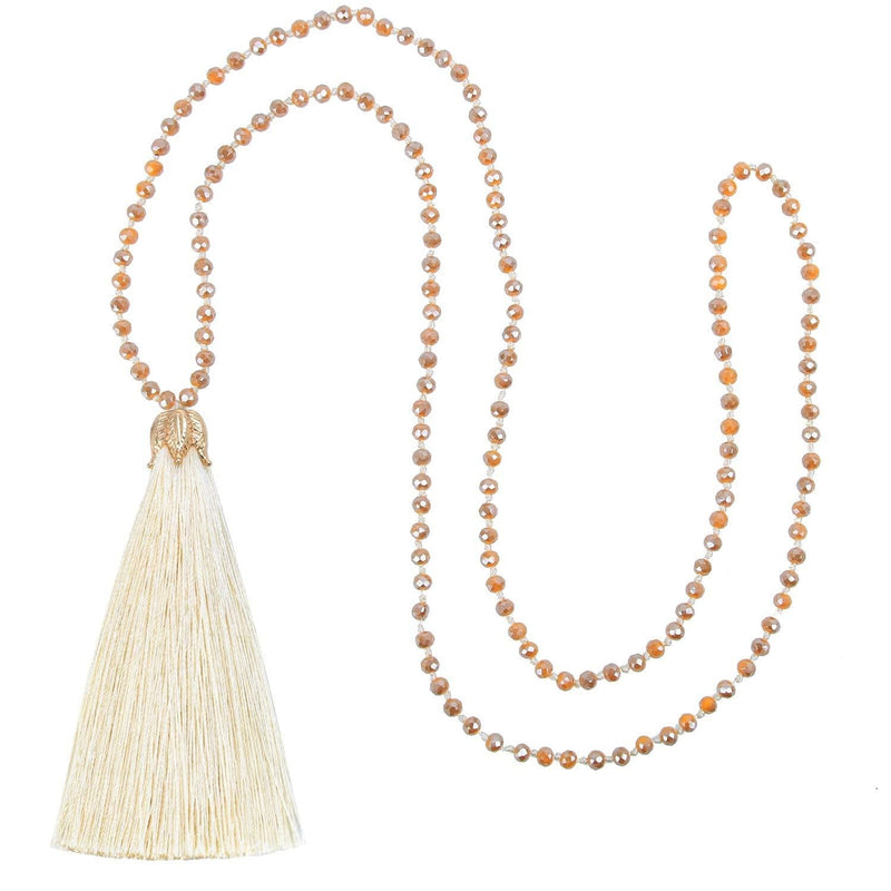 [Australia] - C·QUAN CHI Handmade Crystal Beaded Necklace Women Girls Tassel Pendant Necklace Statement Strand Necklace Gifts Jewelry for Women Gifts for Girls 02-Beige 
