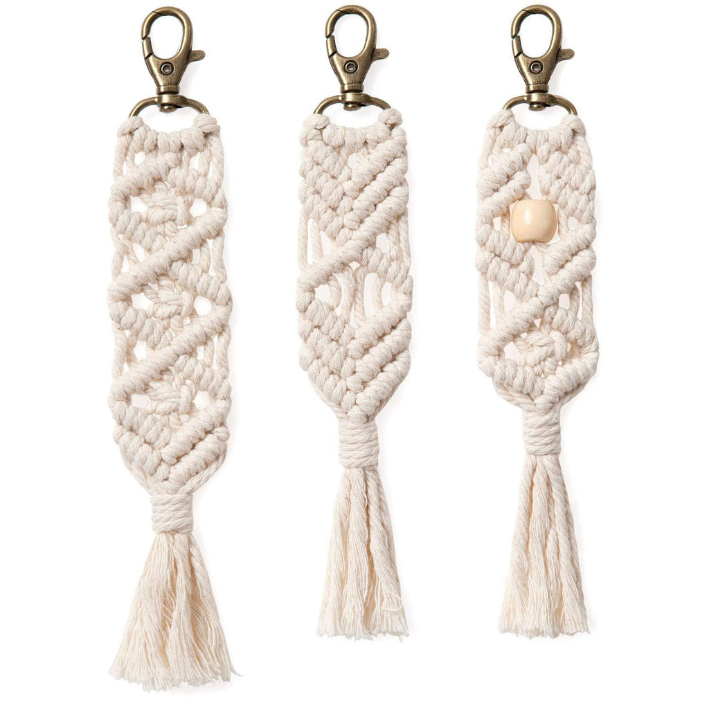 [Australia] - Mkono Mini Macrame Keychains Boho Macrame Bag Charms with Tassels Cute Handcrafted Accessories for Car Key Purse Phone Wallet Unique Gift Party Supplies, Natural White, 3 Pack 