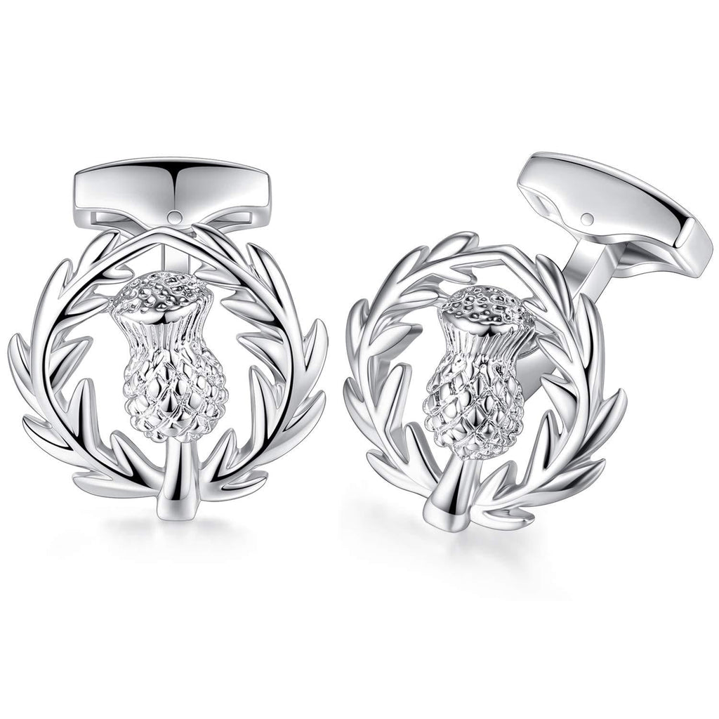 [Australia] - HONEY BEAR Scortland Thistle Flower Cufflinks for Mens Wedding Gift Silver 