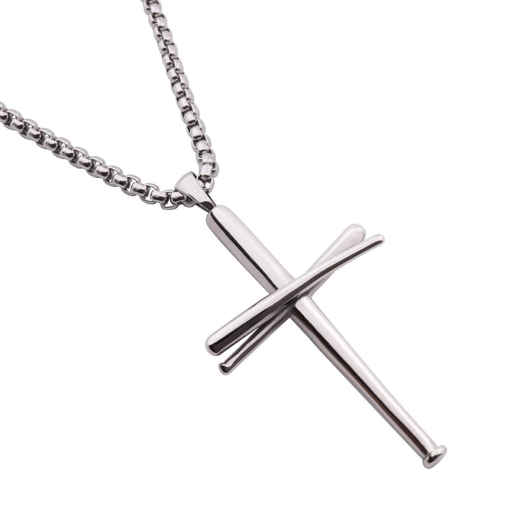 [Australia] - RMOYI Cross Necklace Baseball Bats Athletes Cross Pendant Chain,Sport Stainless Steel Cross Necklaces for Men Women Boys Girls,Large and Small Silver Gold Black 18-24 Inches Silver:1.9*1.2"Pendant+20"Chain 