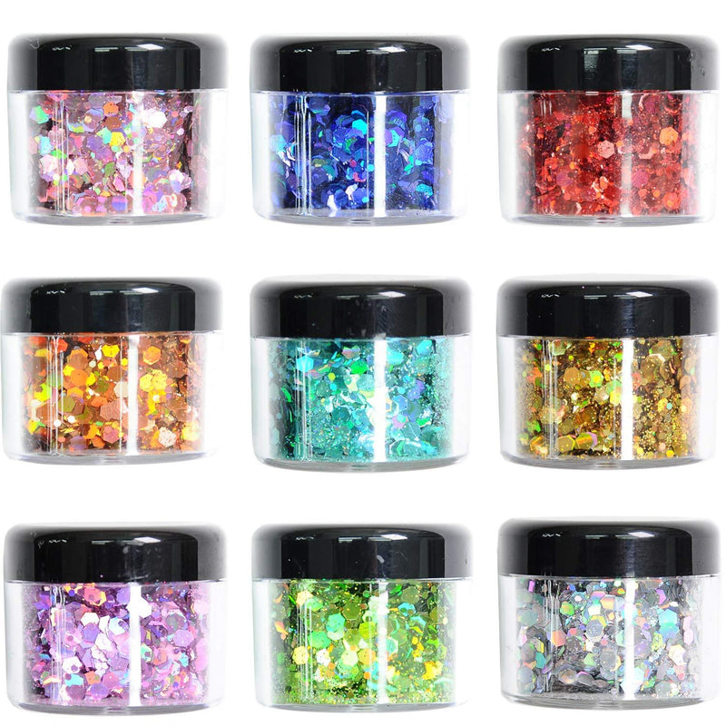 [Australia] - Body Glitter Wenida 9 Colors 190g Holographic Cosmetic Festival Makeup Chunky Powder for Nail Hair Eye Face 9 Bottle Color # 1 