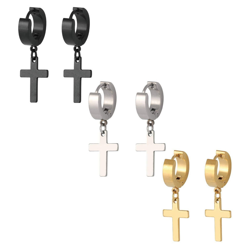 [Australia] - Szory 3 Pairs Stainless Steel Hoop Earrings with Cross for Men Women Silver Gold Black 