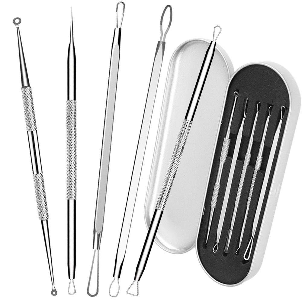 [Australia] - 5-in-1 Blackhead Remover Popper Tool Kit with Metal Case, Anti-Allergic Surgical Stainless Steel Needle Comedone Pimple Acne Extractor Whitehead Zit Popping Removal Tool Treatment for Nose Face Skin 