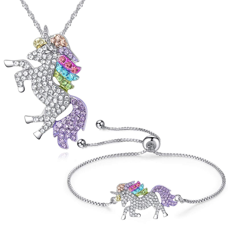 [Australia] - JLJ Rainbow Unicorn Jewelry Set Unicorn Necklace and Unicorn Bracelet Set for Women Girls 