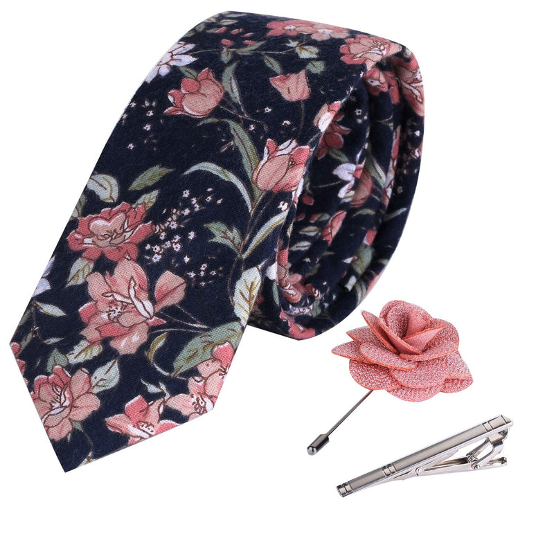 [Australia] - iHomor Men's Cotton Printed Floral Neck Tie Skinny Ties with Stainless Steel Tie Clip and Lapel Pin/Brooch Gift Set Blue/Pink 