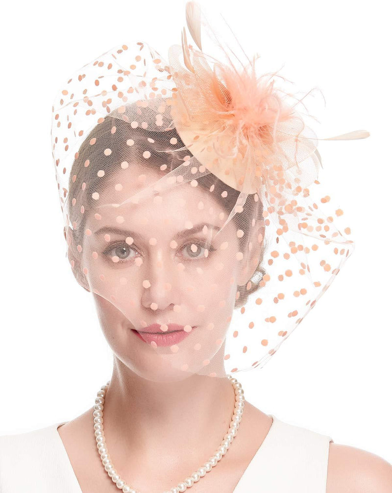 [Australia] - Cizoe Fascinator Hair Clip Pillbox Hat Bowler Feather Flower Veil Wedding Party Hat Tea Hat 2-peach 