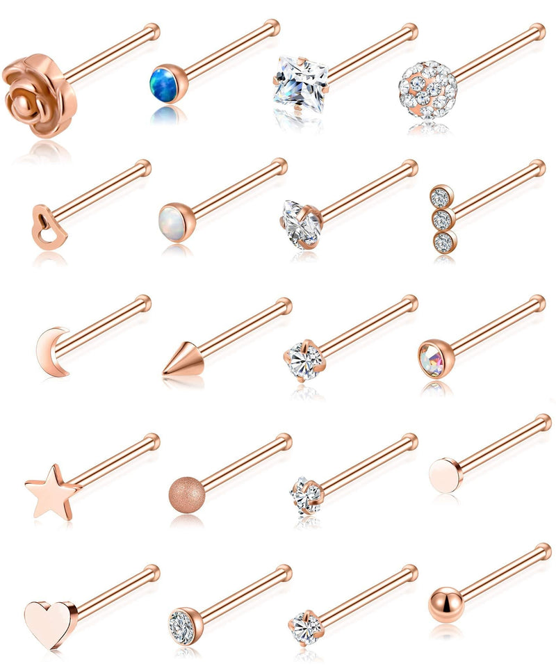 [Australia] - Tornito 20G 20Pcs Nose Ring CZ Nose Stud Retainer L Bone Screw Shaped Nose Piercing Jewelry Set for Women Men Stainless Steel Rose Gold Tone A:20Pcs,Bone Shaped, Rose Gold Tone 