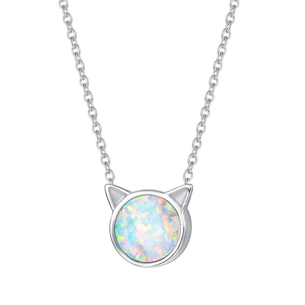 [Australia] - FANCIME Sterling Silver Cat/Unicorn/Elephant Necklace White Created Opal Cute Pendant Necklace Small Dot Round Disc Fine Jewelry For Women Girls 16+2 inch Extender 