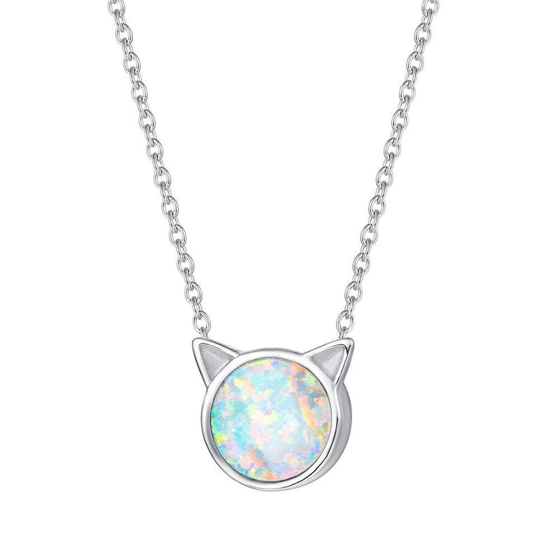 [Australia] - FANCIME Sterling Silver Cat/Unicorn/Elephant Necklace White Created Opal Cute Pendant Necklace Small Dot Round Disc Fine Jewelry For Women Girls 16+2 inch Extender 