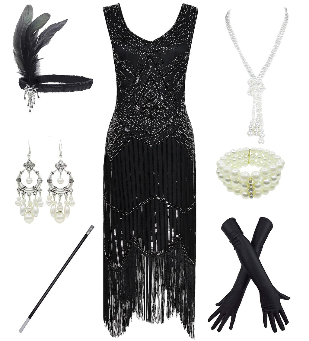 [Australia] - 1920s Gatsby Sequin Fringed Paisley Flapper Dress with 20s Accessories Set (2. X-Small Black 