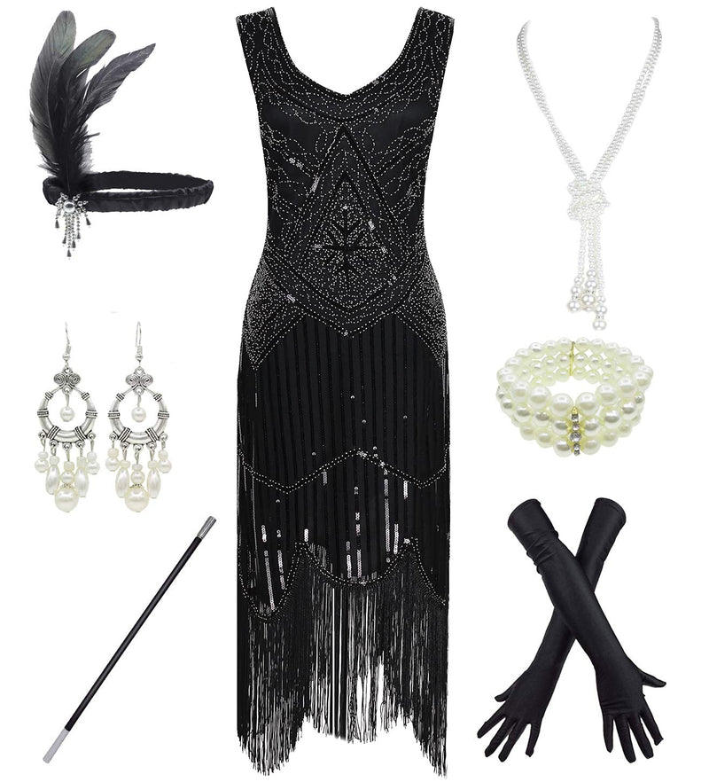 [Australia] - 1920s Gatsby Sequin Fringed Paisley Flapper Dress with 20s Accessories Set (2. X-Small Black 