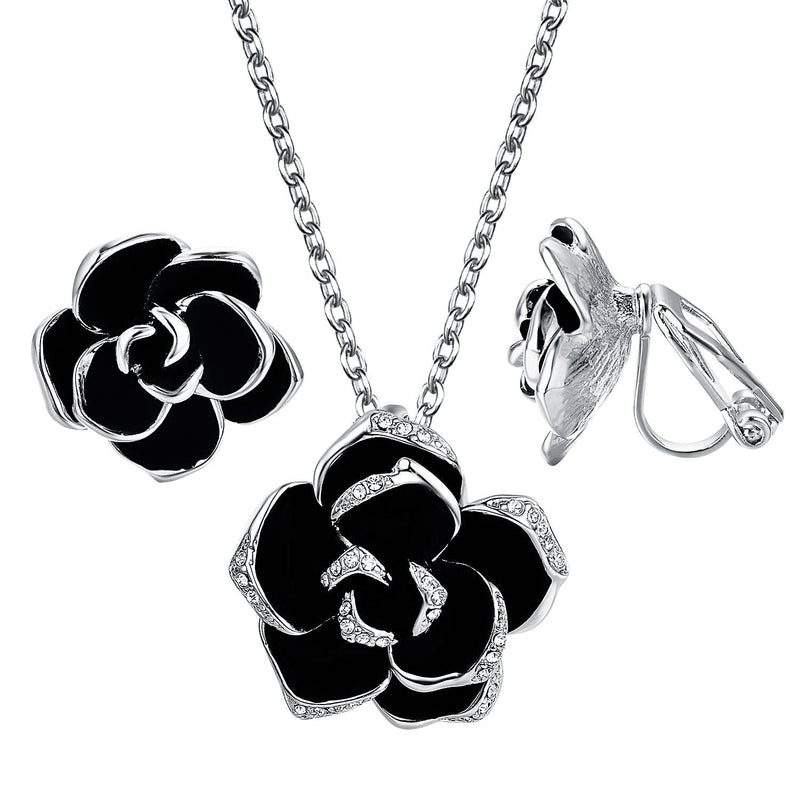[Australia] - Yoursfs Flower Jewelry Set 18K Rose GP Sexy Flower Lacing with Rhinestones Clip Earrings&Necklace Ladies Jewelry Set Black Rose Jewelry Set 