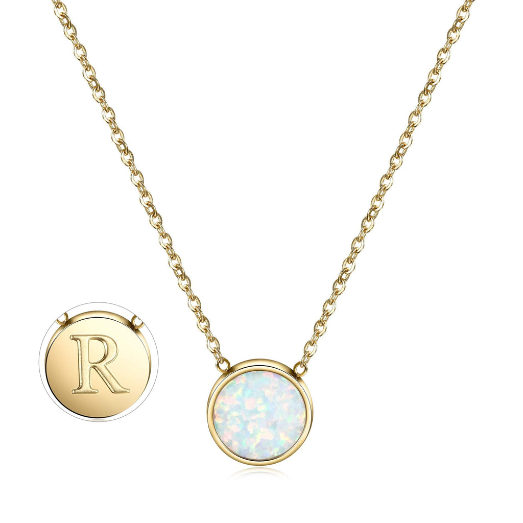 [Australia] - CIUNOFOR Opal Necklace Gold Plated Round Disc Initial Necklace Engraved Letter with Adjustable Chain Pendant Enhancers for Women Girls Gold R 