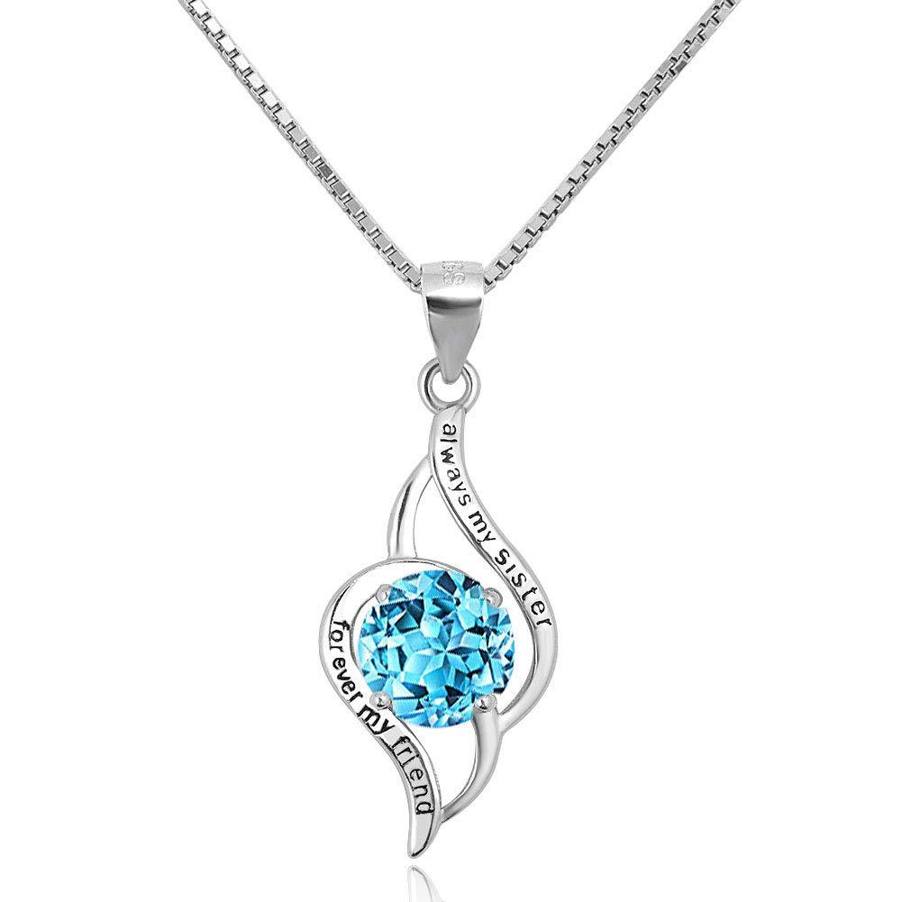 [Australia] - CLY Jewelry 925 Sterling Silver Birthstone Engraved Crystal Heart Pendant Necklace for Sister Mom For Sister-March Crystal 