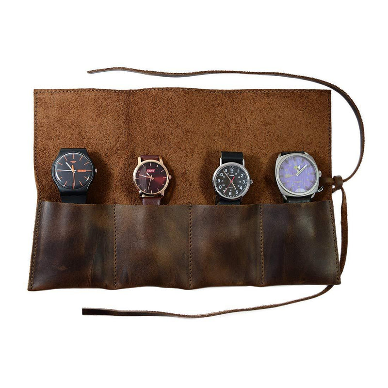 [Australia] - Hide & Drink, Rustic Leather Travel Watch Roll Organizer Holds Up To 4 Watches, Easy Carry On Watchlover Storage, Travel Essentials Gift Handmade Includes 101 Year Warranty :: Bourbon Brown 
