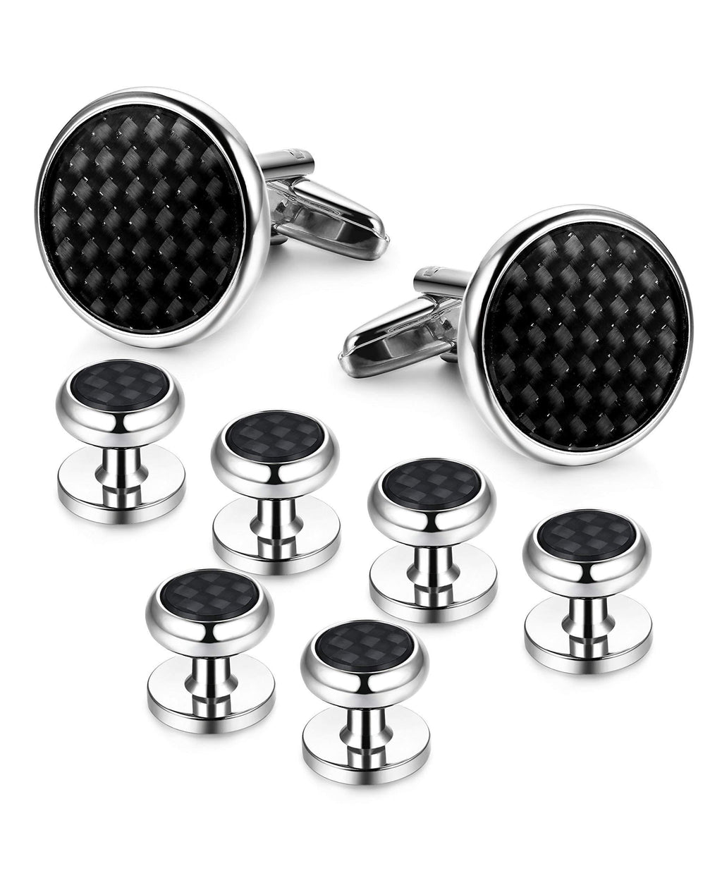 [Australia] - LOYALLOOK 8pcs Mens Carbon Fiber Cufflinks and Shirt Studs Set Tuxedo Shirts Business Wedding Silver Black Gold Tone … 8pcs Sliver-Tone 