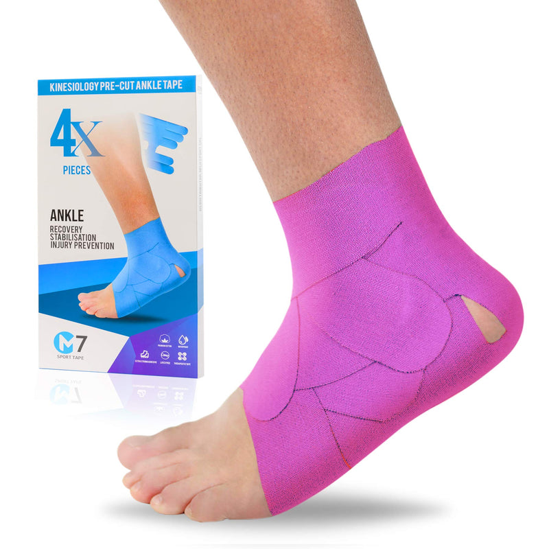 [Australia] - M7 Sport Kinesiology Ankle Tape for Ankle Sprain and Injury Recovery, Pain Relief Kinesiology Tape, Ankle Brace Compression Support, Plantar Fasciitis, Waterproof, Eases Swelling (Pink, 4-Pack) Pink 