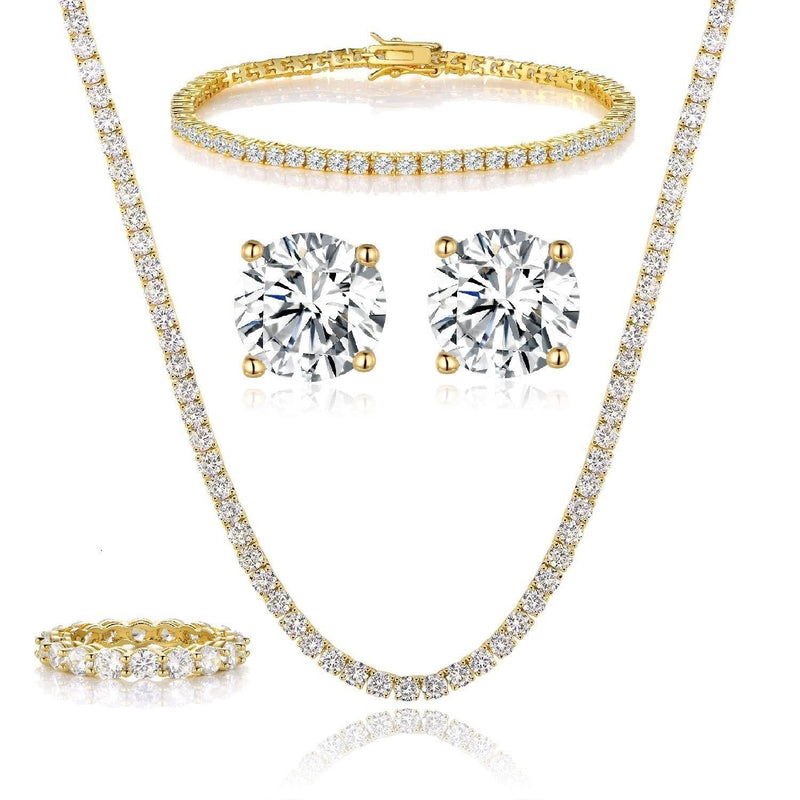 [Australia] - GEMSME 18K Yellow Gold Plated Tennis Necklace/Bracelet/Earrings/Band Ring Sets Pack of 4 5 