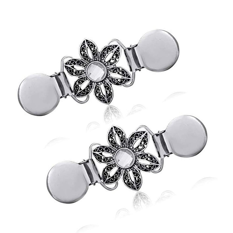 [Australia] - VIEEL 2 Pack Silver Sweater Shawl Clips Set Retro Cardigan Collar Clips Flowers Patterns Dresses Shawl Clip for Women Girls (Flower) 