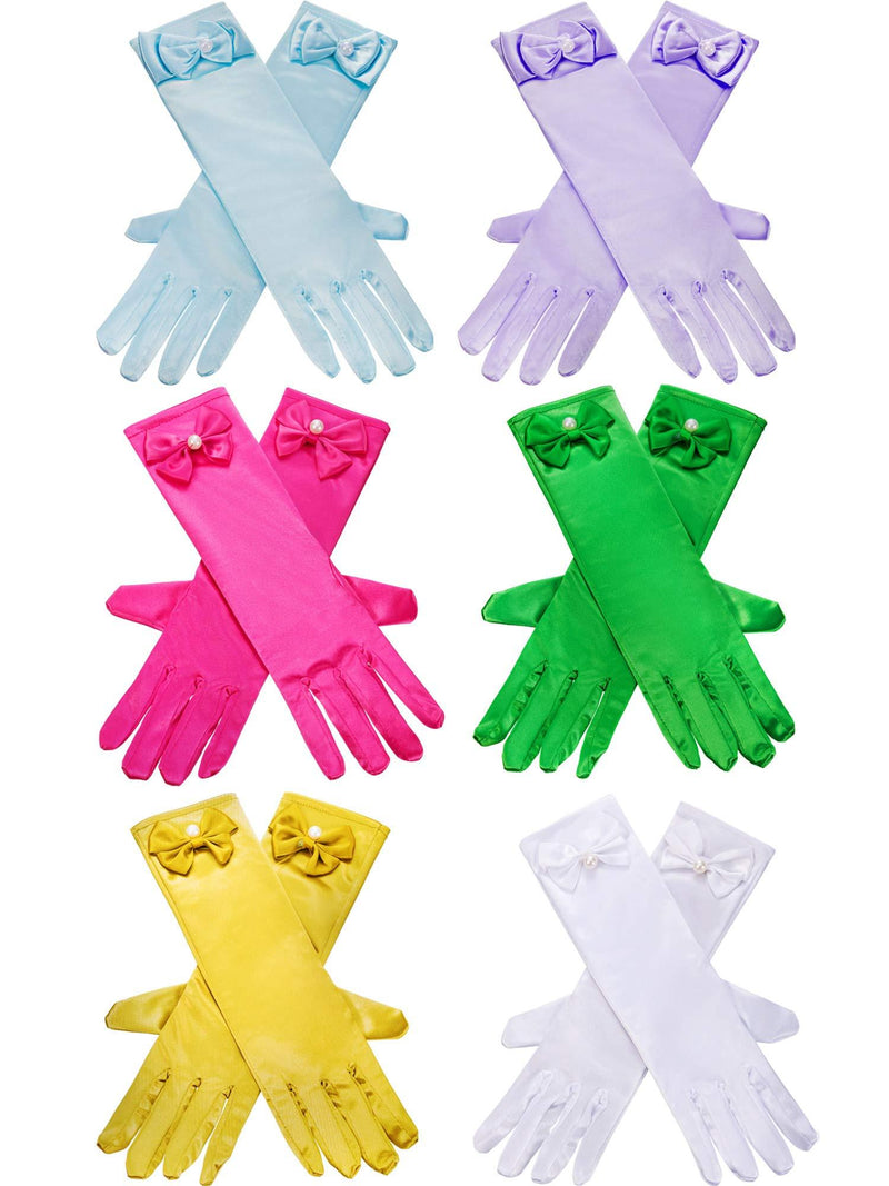 [Australia] - 6 Pairs Satin Gloves Princess Dress Up Bows Gloves Long Formal Gloves for Party Green, Rose Red, Lavender, Light Blue, Yellow and White 