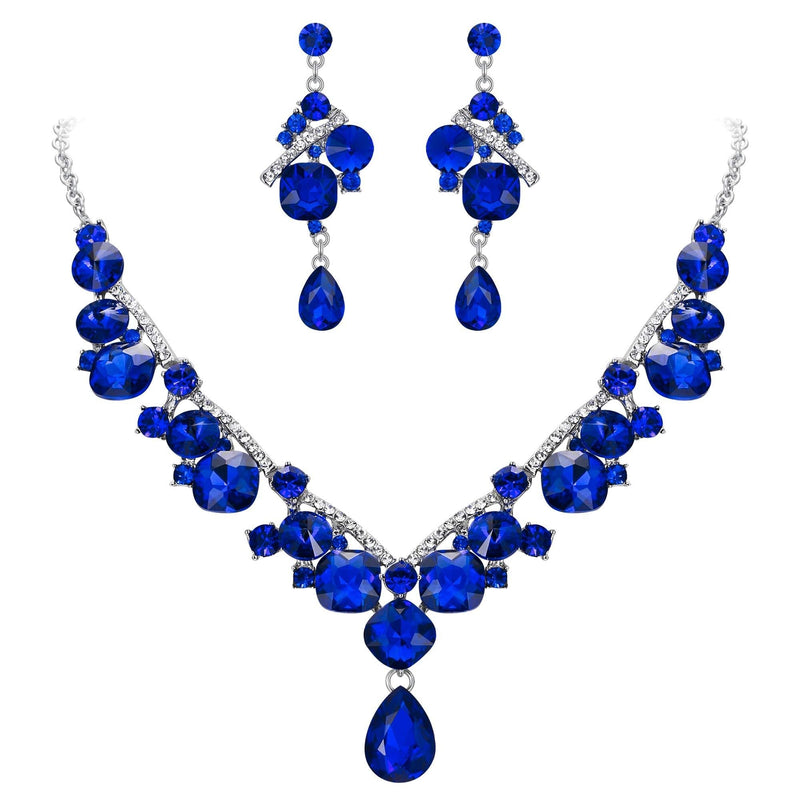 [Australia] - BriLove Women's Wedding Bridal Crystal Geometric Cluster Statement Necklace Dangle Earrings Set Royal Blue Silver-Tone 