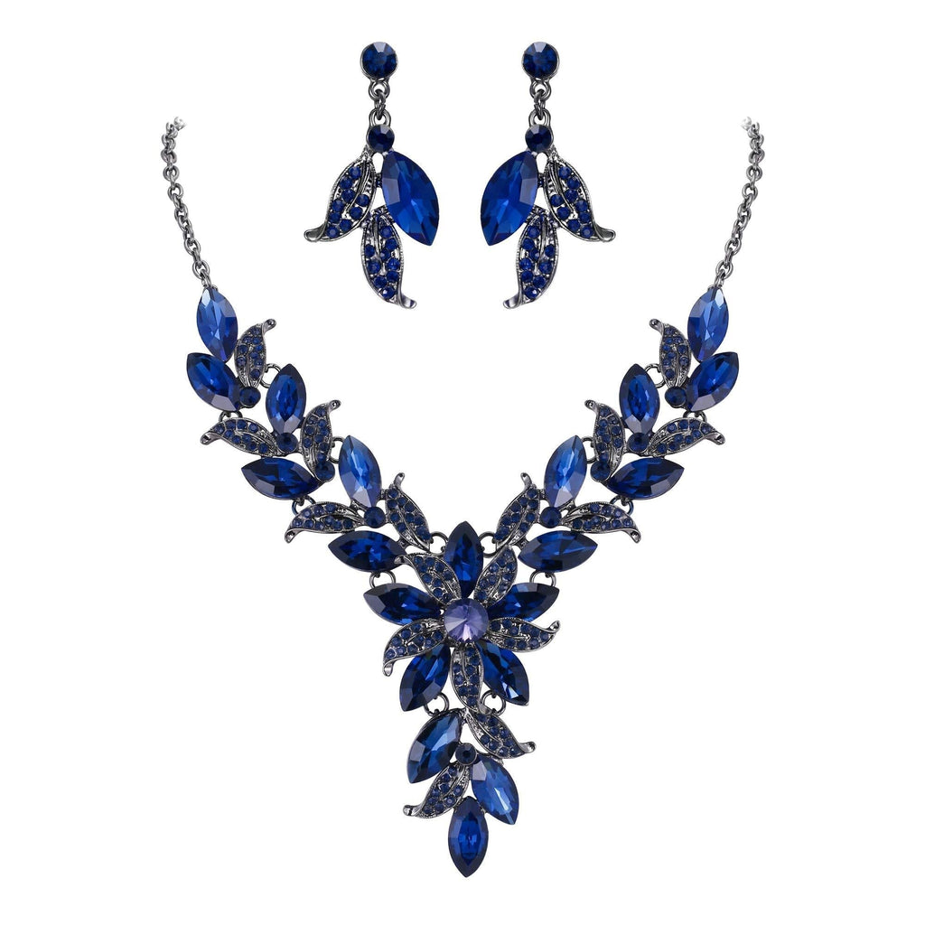 [Australia] - BriLove Women's Wedding Bridal Crystal Marquise-Shape Leaf Flower Enamel Statement Necklace Dangle Earrings Set Navy Blue Black-Tone 