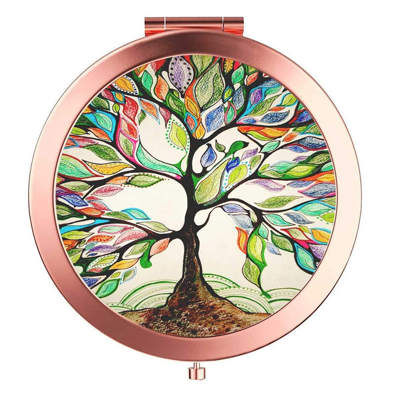 [Australia] - Rose Gold Travel Purse Mirror Compact Double Sides 2X & 1x Magnification Hand Mirror Metal Round Bohemian Mirror for Women and Girls-Life Tree Life Tree 