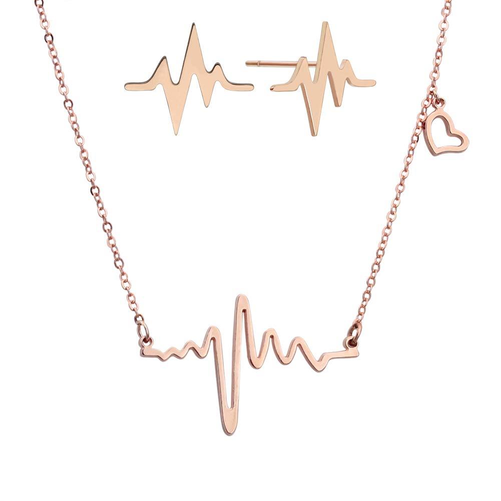 [Australia] - ELBLUVF 18k Rose Gold Plated Stainless Steel Women EKG Heartbeat Love Cardiogram Necklace Jewelry Sets 