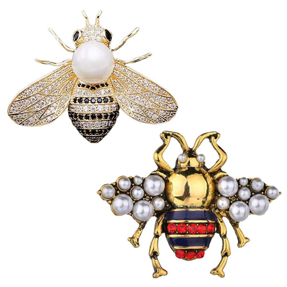 [Australia] - VIEEL 2 Pack Rhinestone Pearl Bee Brooch Pins Honey Bee Pendant/Brooch Fashion Crystal Insect Pins Golden or Silvery for Women Gold+Red 